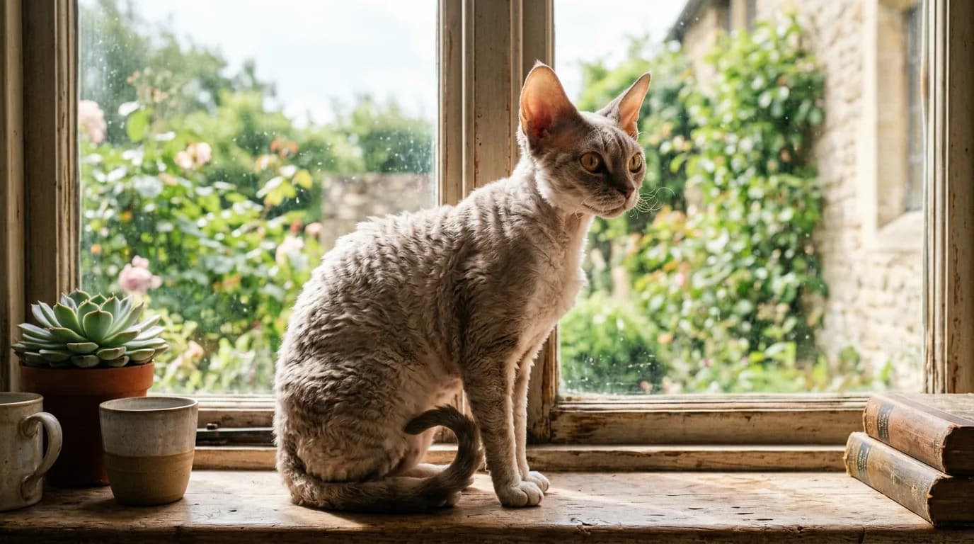 Adult Devon Rex with large ears and short wavy coat sitting on a sunlit windowsill