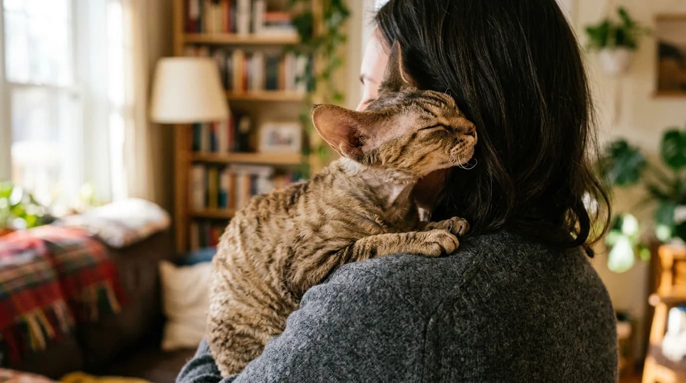Devon Rex cat perched on its owner's shoulder showing its large ears and wavy coat