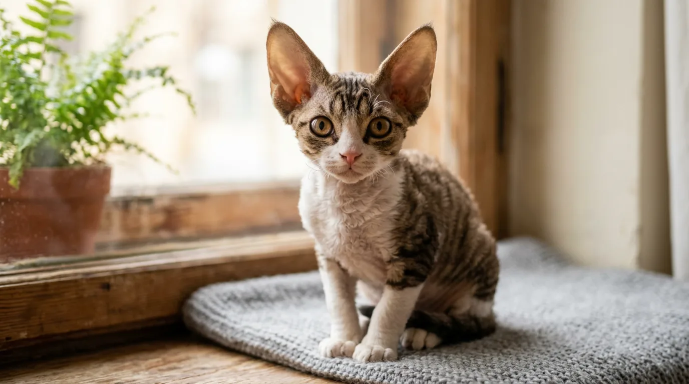Devon Rex kitten with large low-set ears and a short wavy coat, the breed buyers research for price
