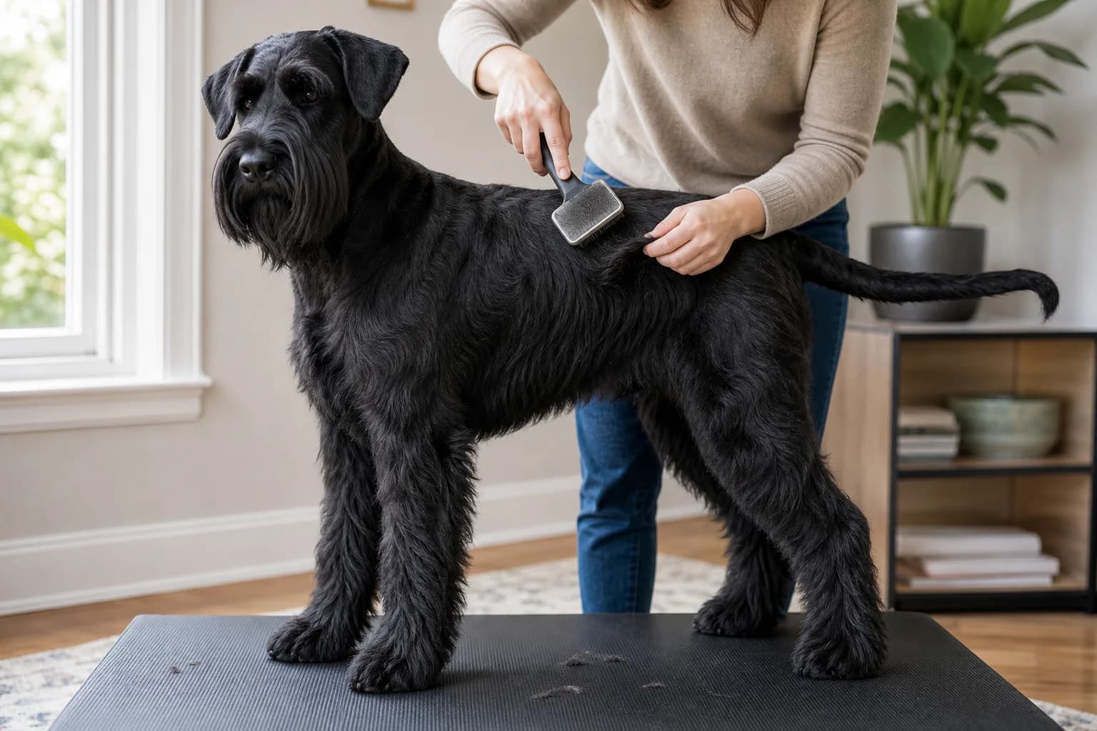 Adult black Giant Schnauzer indoors showing a dense maintained wiry coat