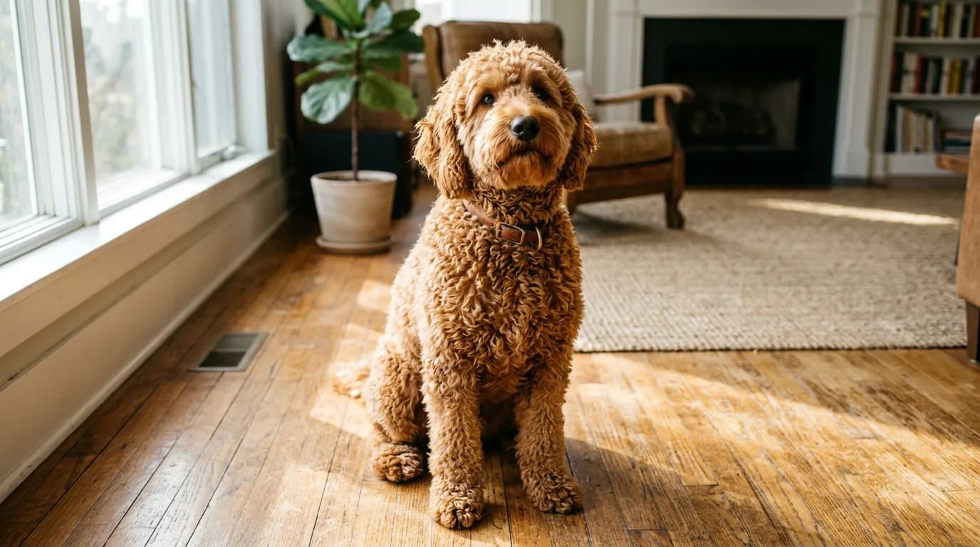 A curly apricot-coated Goldendoodle sitting on a sunlit hardwood floor, looking up at the camera, dense wool ringlets across its back