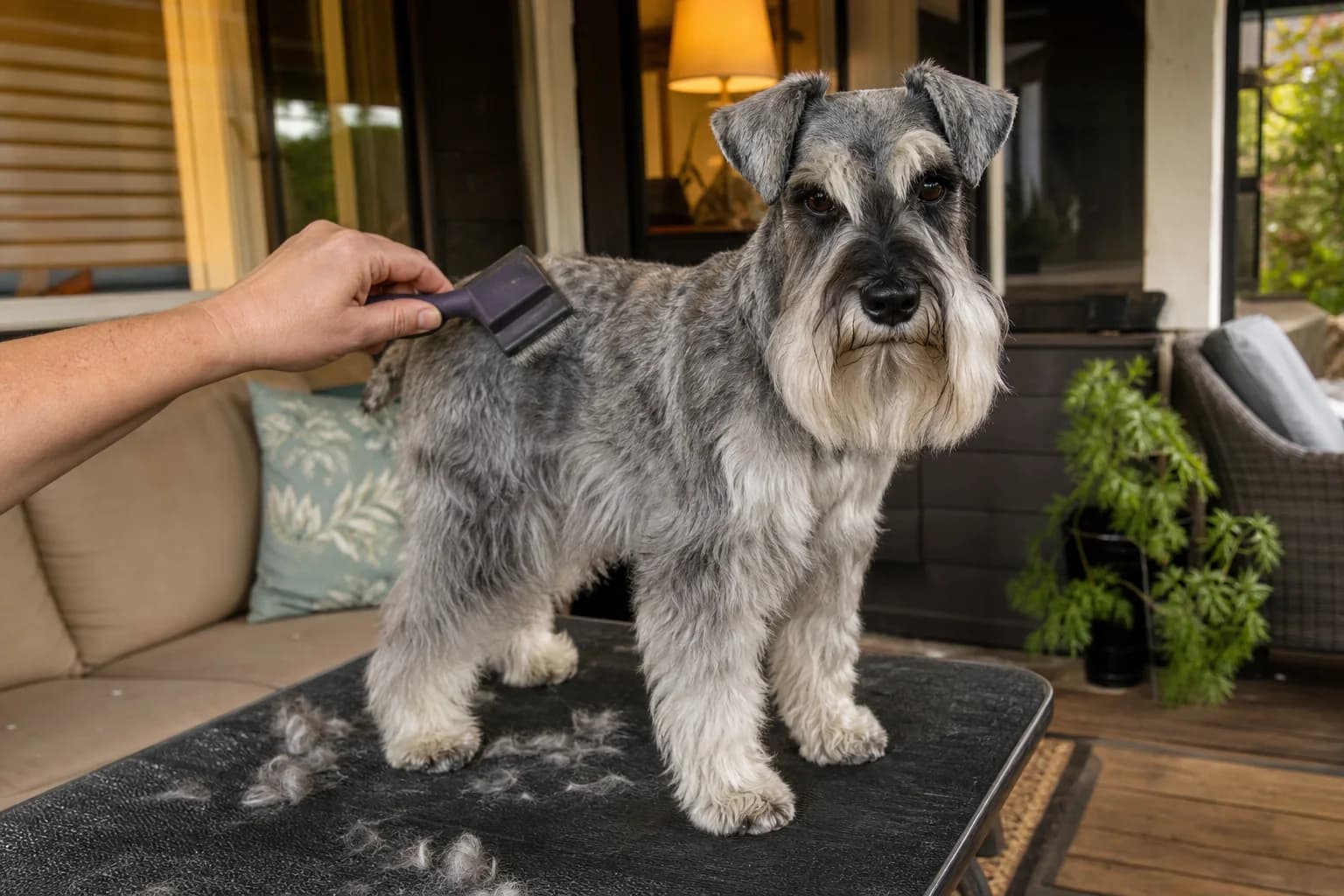 A healthy Miniature Schnauzer coat in natural indoor light