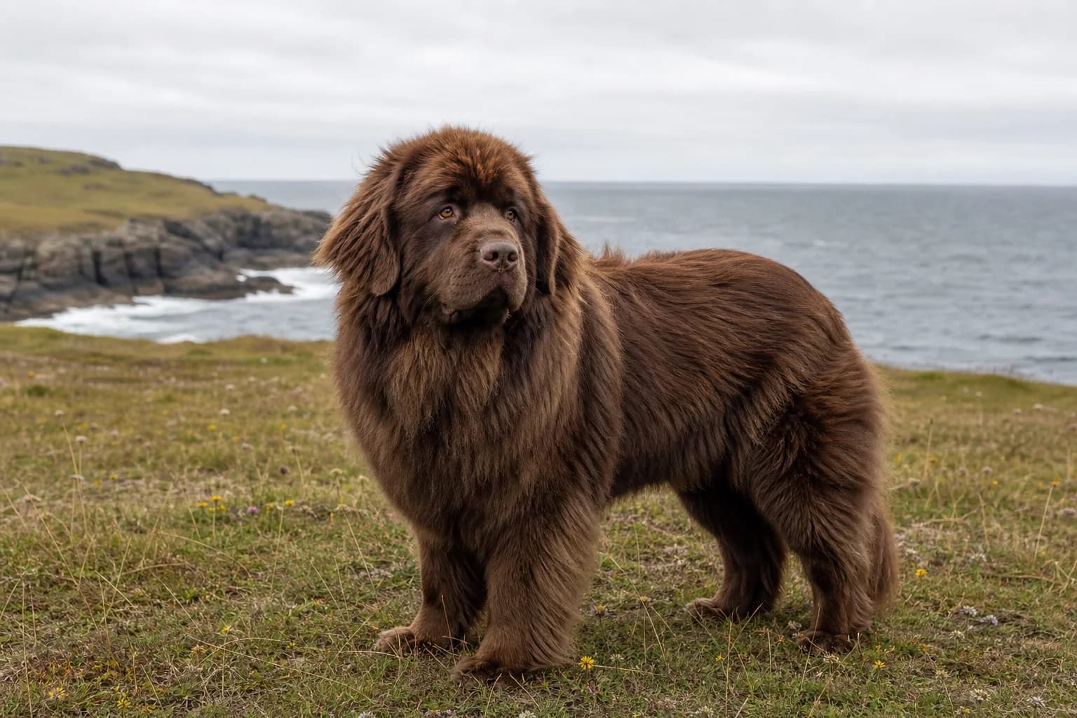 Adult brown Newfoundland showing a healthy full double coat on a coastal meadow