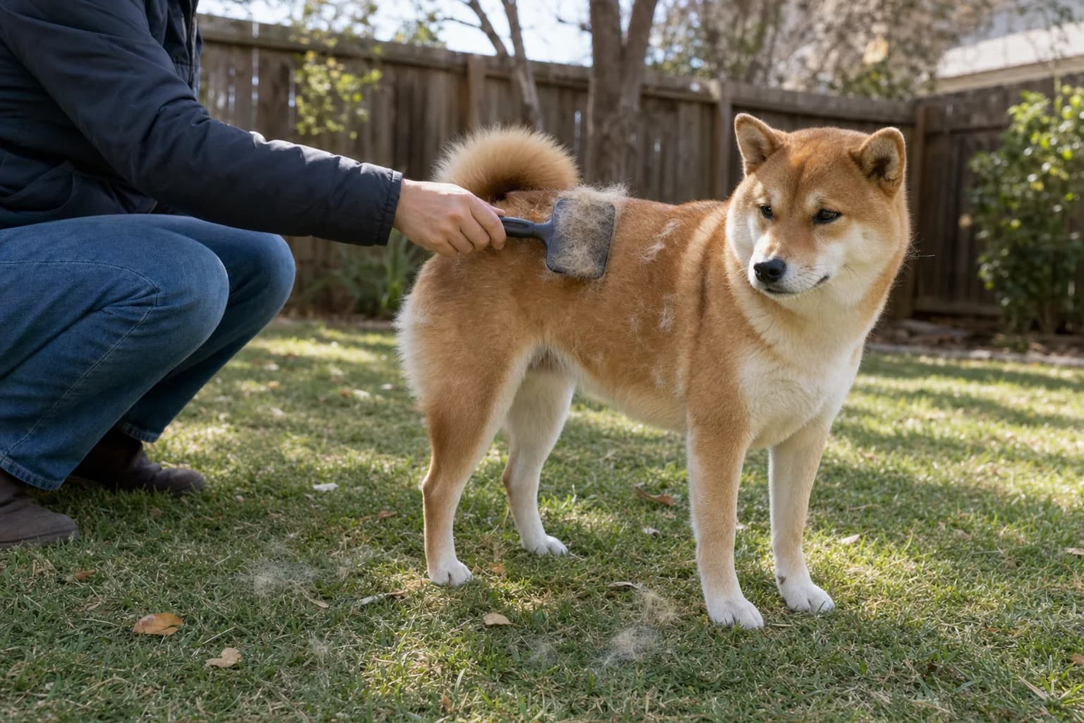 Owner brushing loose undercoat from a red Shiba Inu in a fenced yard