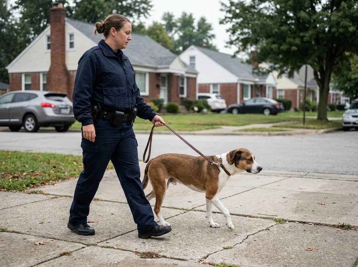 An animal-control officer in a navy uniform walks a brown-and-white mixed-breed dog on a leash along a residential sidewalk lined with brick houses and parked cars.