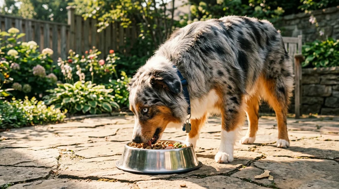 A blue merle Australian Shepherd eating fresh food from a stainless steel bowl on a sunny backyard patio