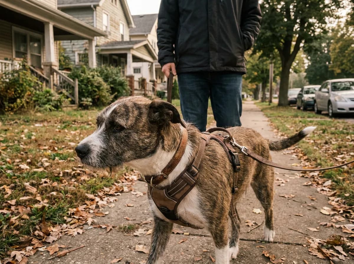 Brindle dog in a brown leather harness walking a leafy sidewalk on a leash held by its owner