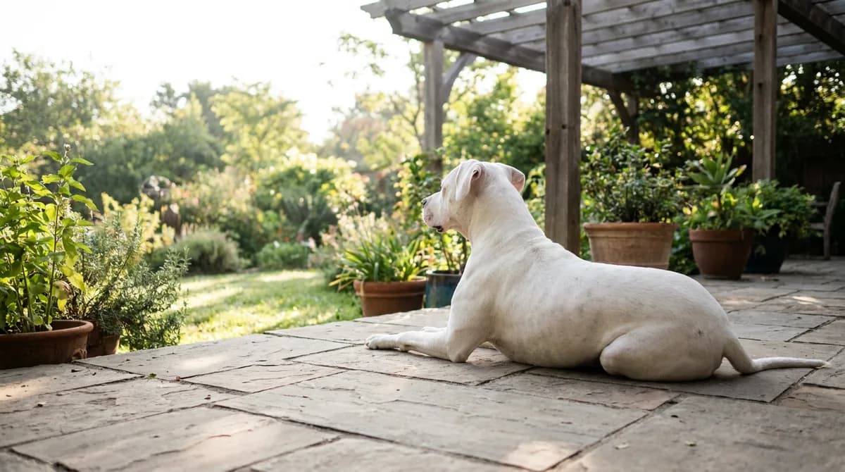 White Dogo Argentino resting on a covered patio beside a garden.