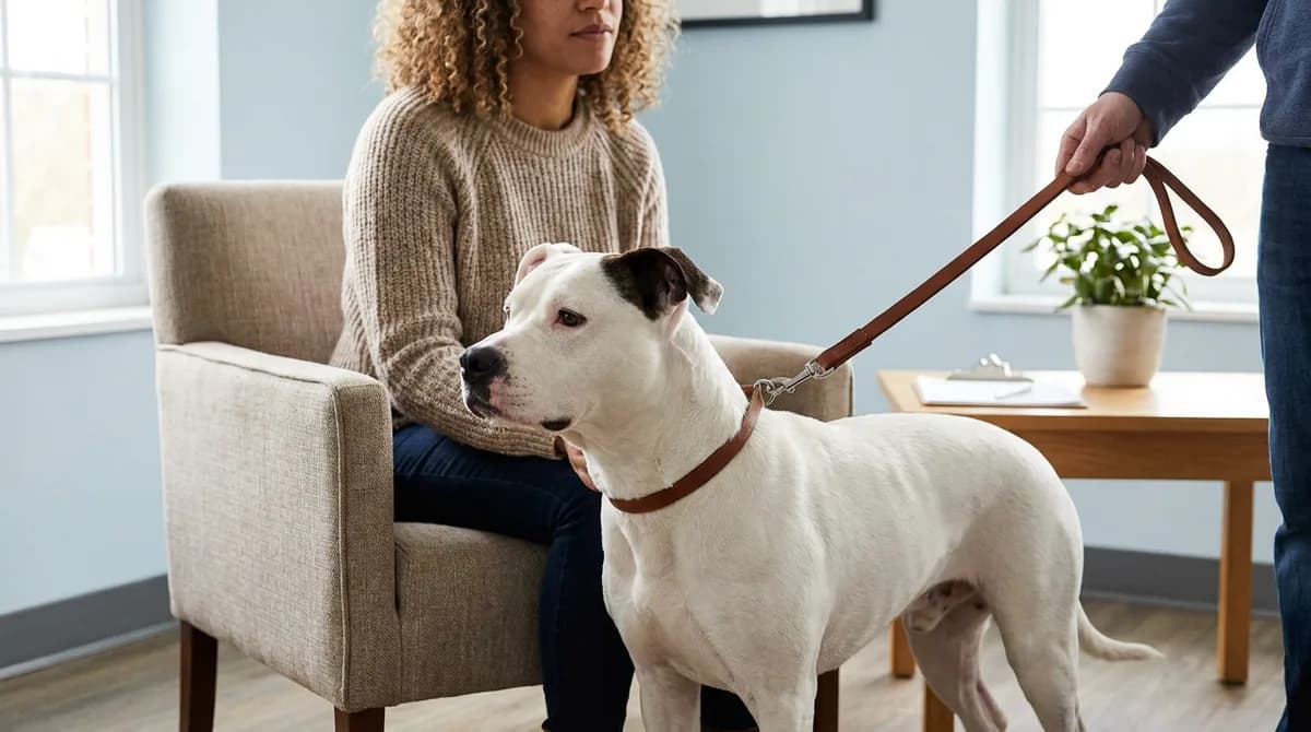 White short-coated dog with a dark ear marking beside adults in a meeting room.