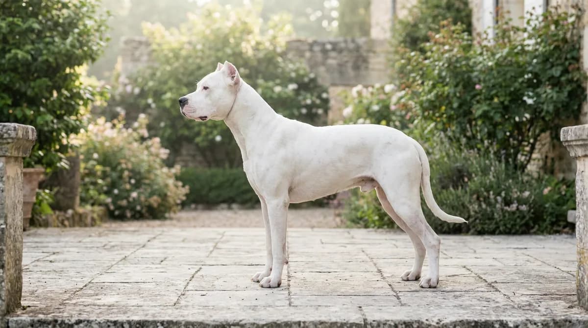 White adult Dogo Argentino standing in side profile on a terrace.