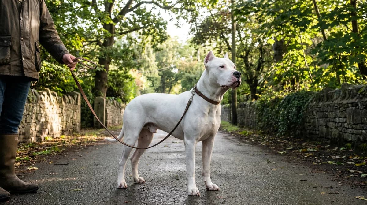 White Dogo Argentino standing beside a handler on a quiet path