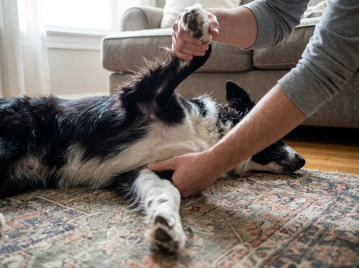 An owner's hands lift the front leg of a black-and-white Border Collie lying on a living-room rug to look at the smooth, mildly gray-toned skin of its armpit.