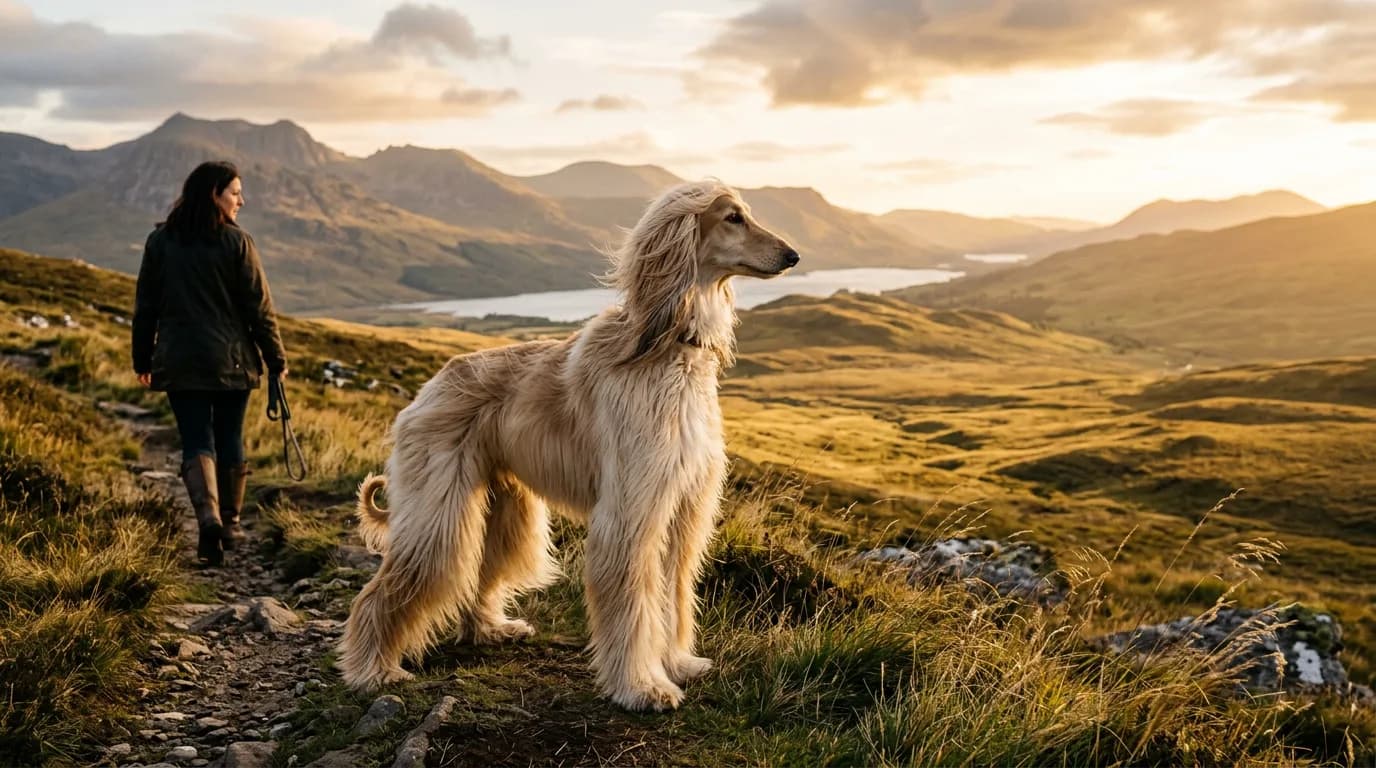 an aloof Afghan Hound with a flowing silky coat standing on a windswept hillside at golden hour, gazing off into the distance and pointedly ignoring i