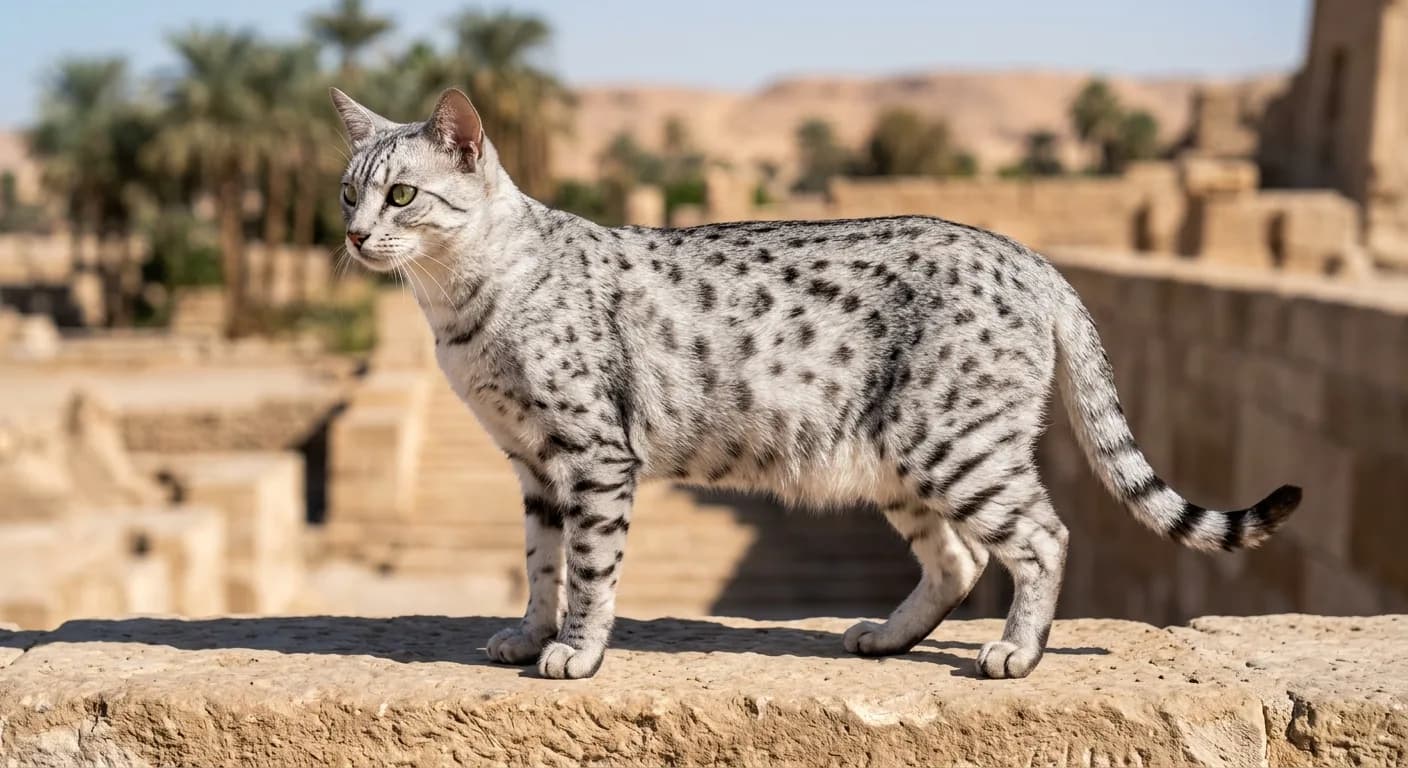 A regal silver Egyptian Mau standing in profile on a sunlit stone ledge, showing random charcoal spots over a pale silver coat, banded legs, a dark M mark on the forehead, mascara lines tracing from gooseberry-green almond eyes, and a small spotted wildcat silhouette
