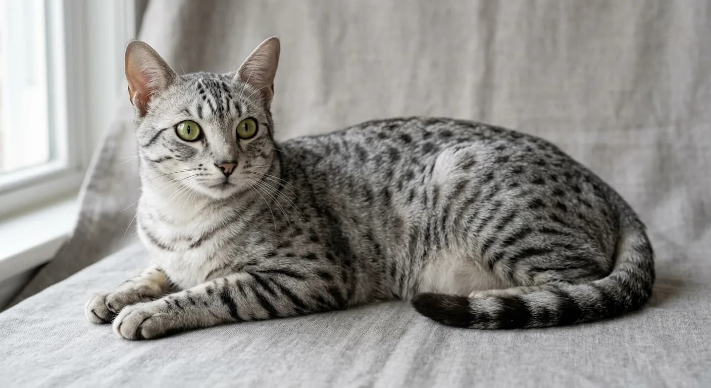 A muscular short-haired silver Egyptian Mau with random charcoal-black spots on a pale silvery ground, banded legs and tail, a dark M-shaped scarab mark on the forehead, dark mascara lines from gooseberry-green eyes, lying alert on a neutral backdrop