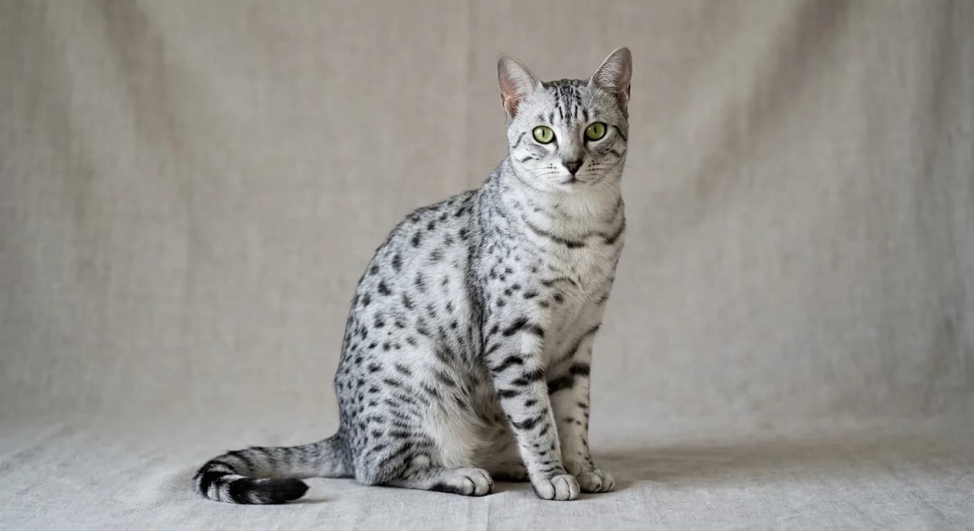 A regal silver Egyptian Mau cat with random dark charcoal spots on a pale silver coat, banded legs, dark mascara lines from gooseberry-green eyes, and a small spotted wildcat look, sitting upright on a neutral studio backdrop