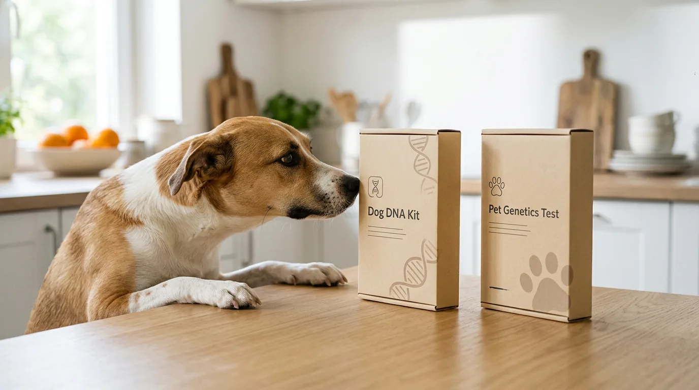 Two dog DNA test kit boxes standing side by side on a kitchen table with a curious tan and white mixed-breed dog sniffing them
