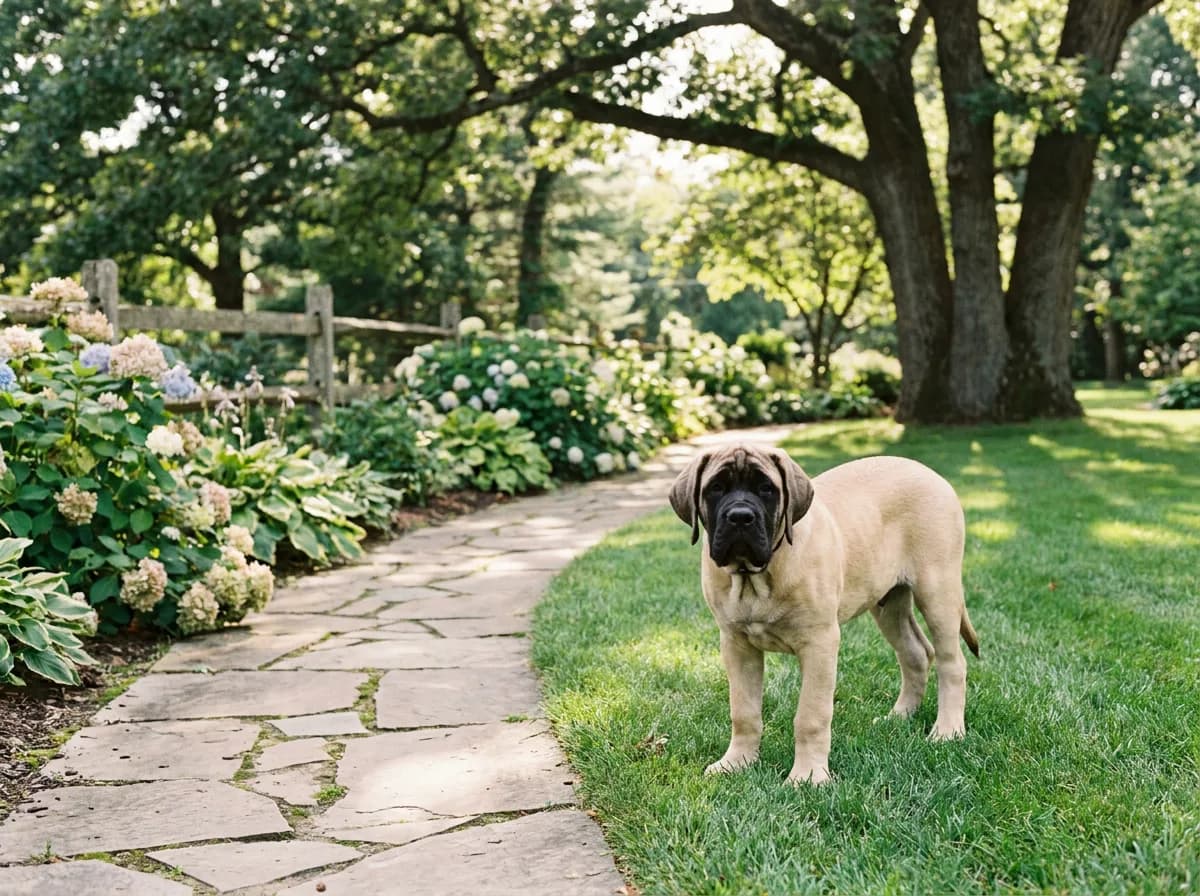 Fawn English Mastiff puppy with a black mask standing on a garden lawn.