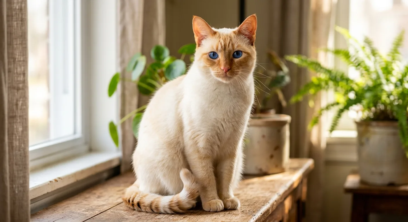 A flame point Siamese cat with a creamy white body, reddish-orange points on the ears and face, a pink nose, and deep blue eyes