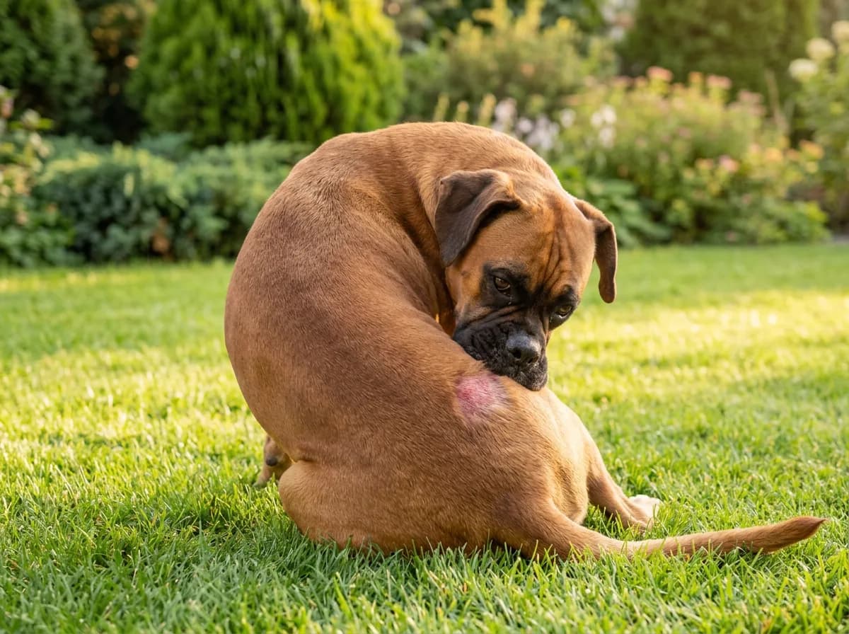 Brown boxer-type dog sitting on a sunny lawn, twisting back to chew at a red irritated bald patch on its hip.