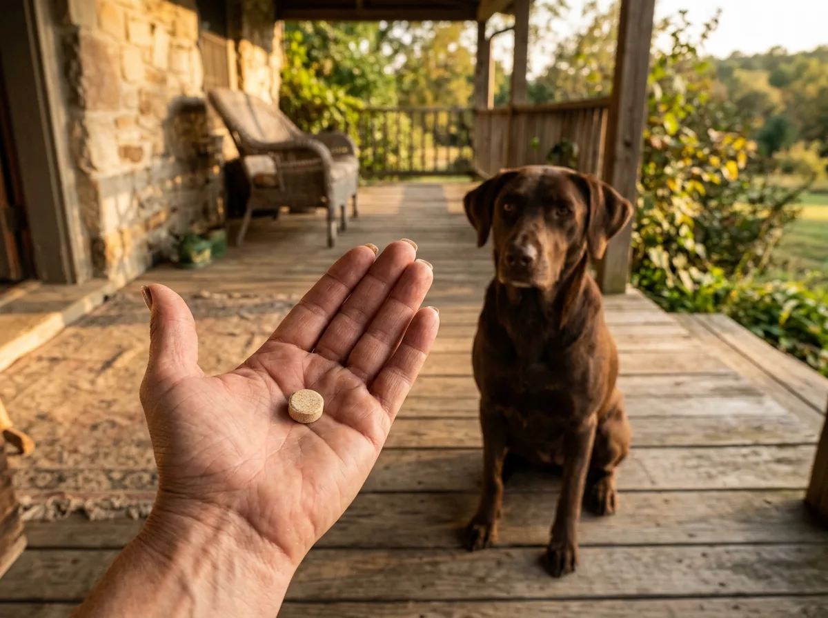 A person's open hand holds a small round beige tablet while a chocolate Labrador sits on a sunlit wooden porch in the background.
