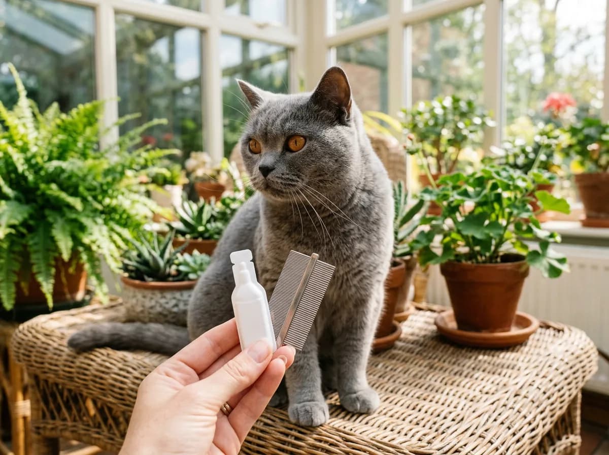 Gray British Shorthair cat sits on a wicker table among potted plants as a hand holds a white applicator bottle and a metal flea comb.