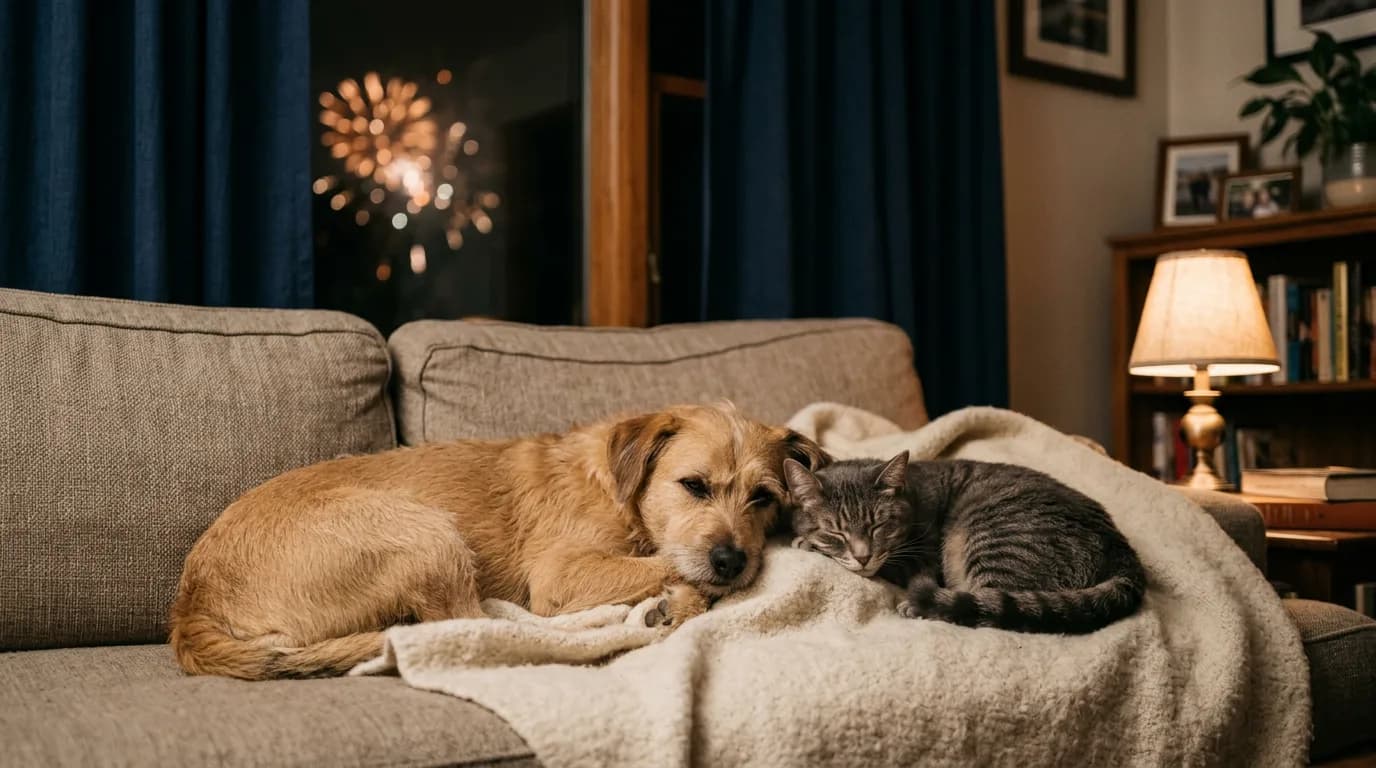 A tan dog and a gray tabby cat rest together on a couch under a blanket as fireworks glow through the window