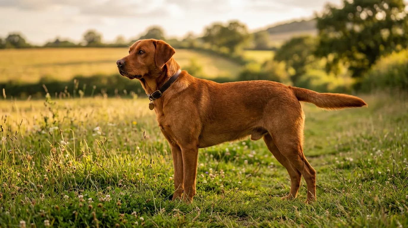 a deep russet fox red Labrador Retriever standing in profile on a grassy field in warm late-afternoon light, its rich copper coat catching the sun, alert e