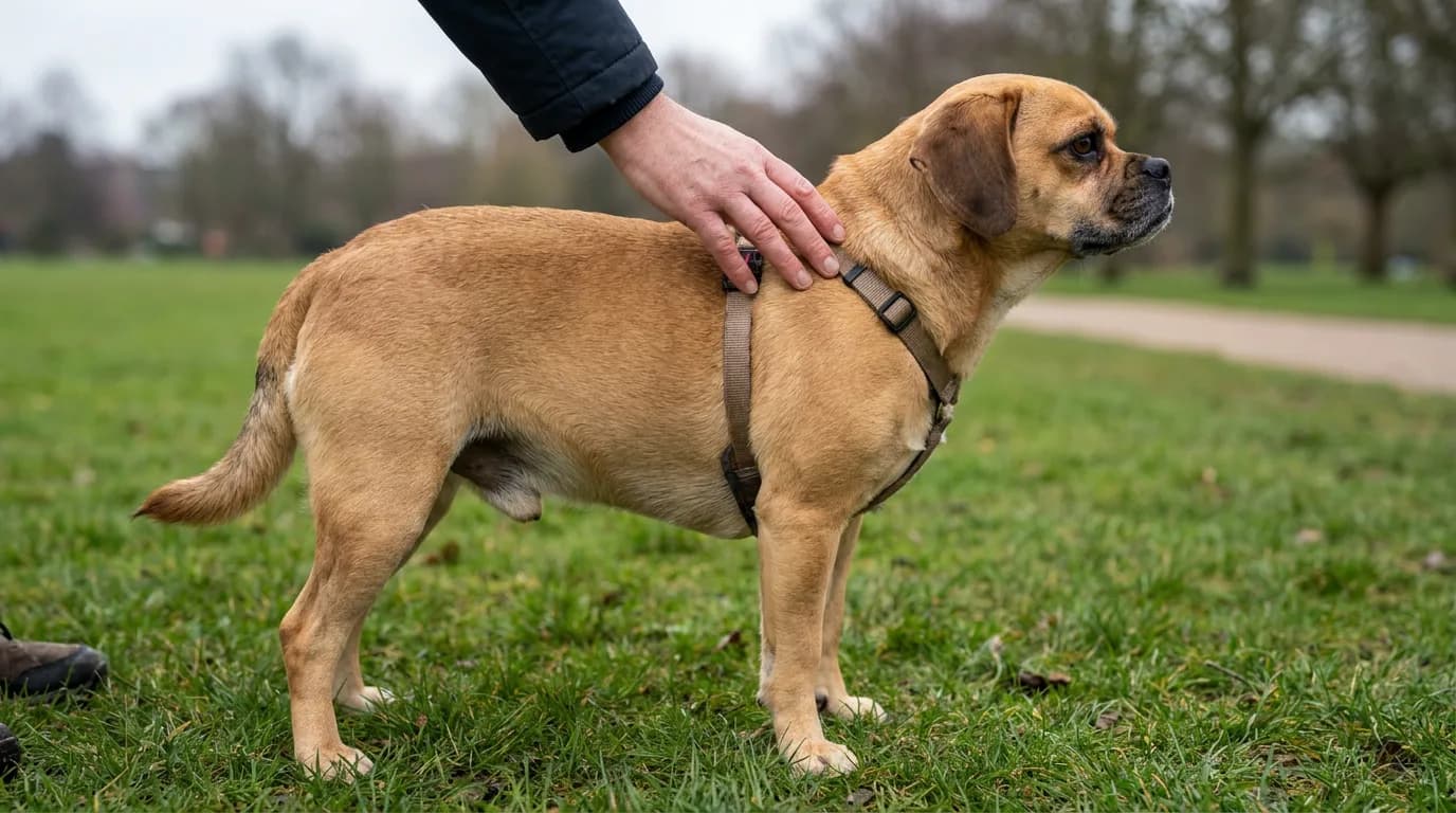 Adult fawn Puggle standing in profile on grass