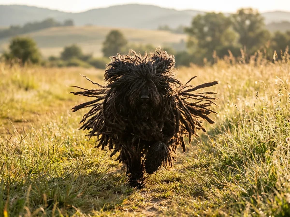 A black Puli running through a sunlit meadow with its corded coat flying.