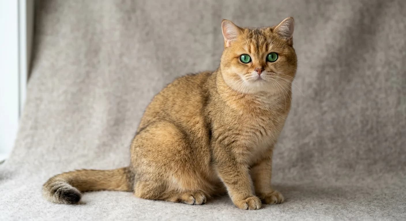 a golden shaded British Shorthair sitting upright on a neutral background, apricot undercoat visible through dark brown tipping, brilliant green eyes