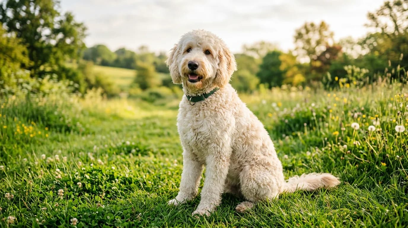 A cream Goldendoodle with a fluffy wavy coat sitting on green grass in soft morning light, full body, three-quarter angle