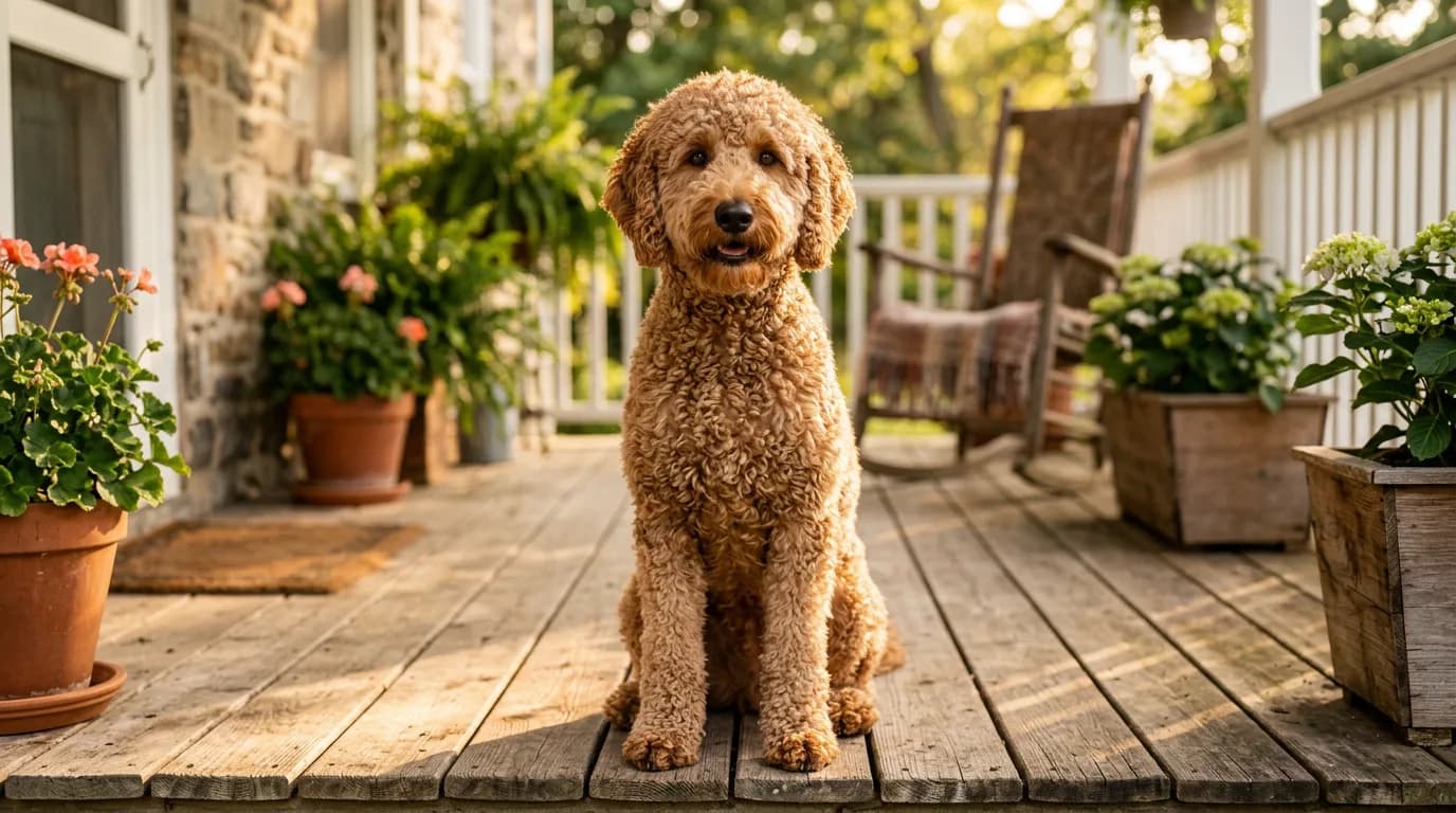 apricot F1b Goldendoodle with a tight curly coat sitting on a sunlit wooden porch, front-facing, warm afternoon light
