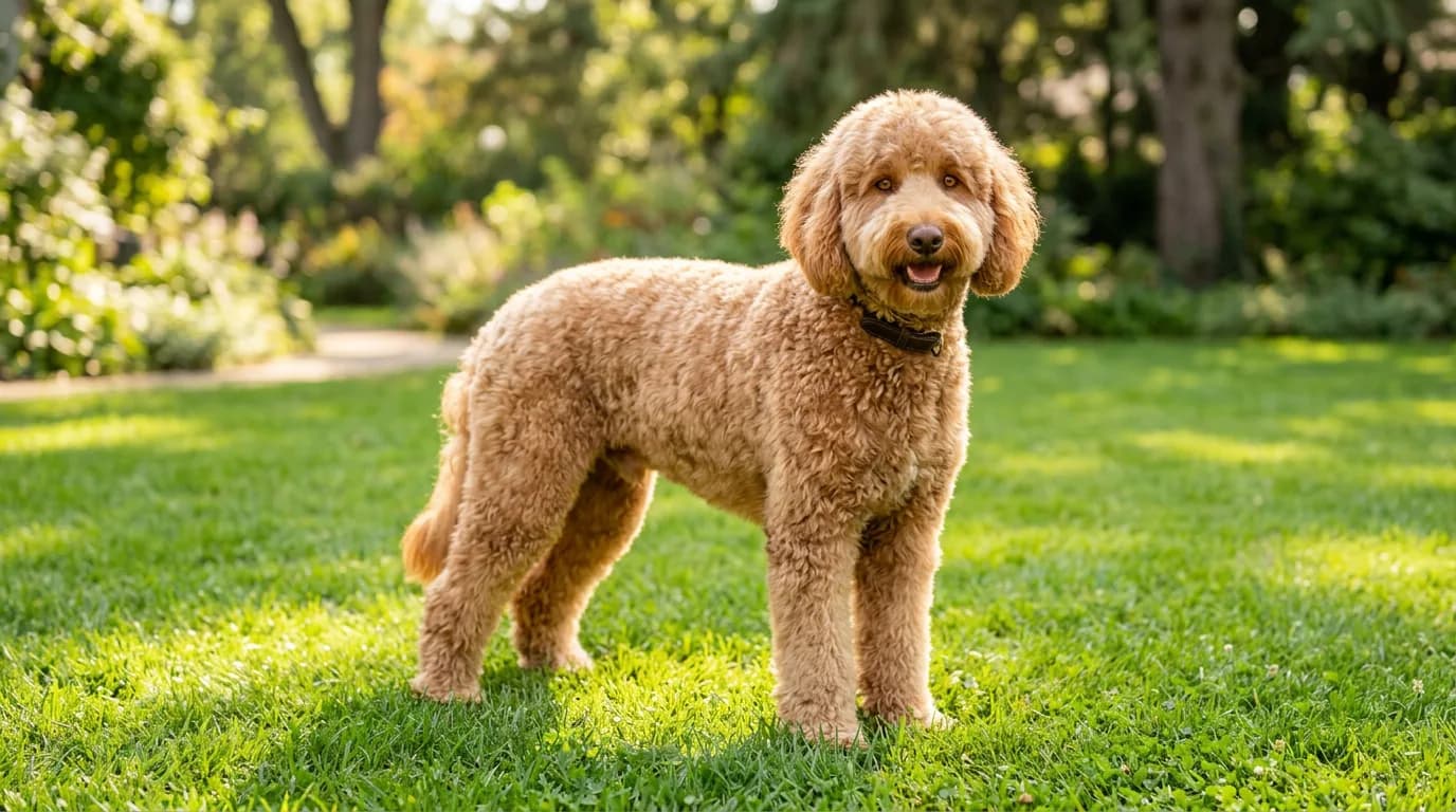 An apricot F1b Goldendoodle standing on a sunny green lawn, freshly finished in a rounded teddy bear cut, facing the camera three-quarters