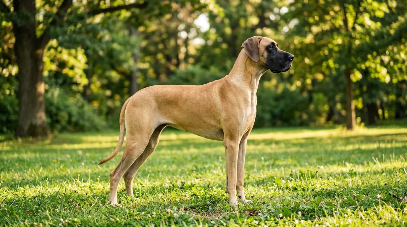 A golden fawn Great Dane with a black mask standing in profile on a sunlit grassy park lawn