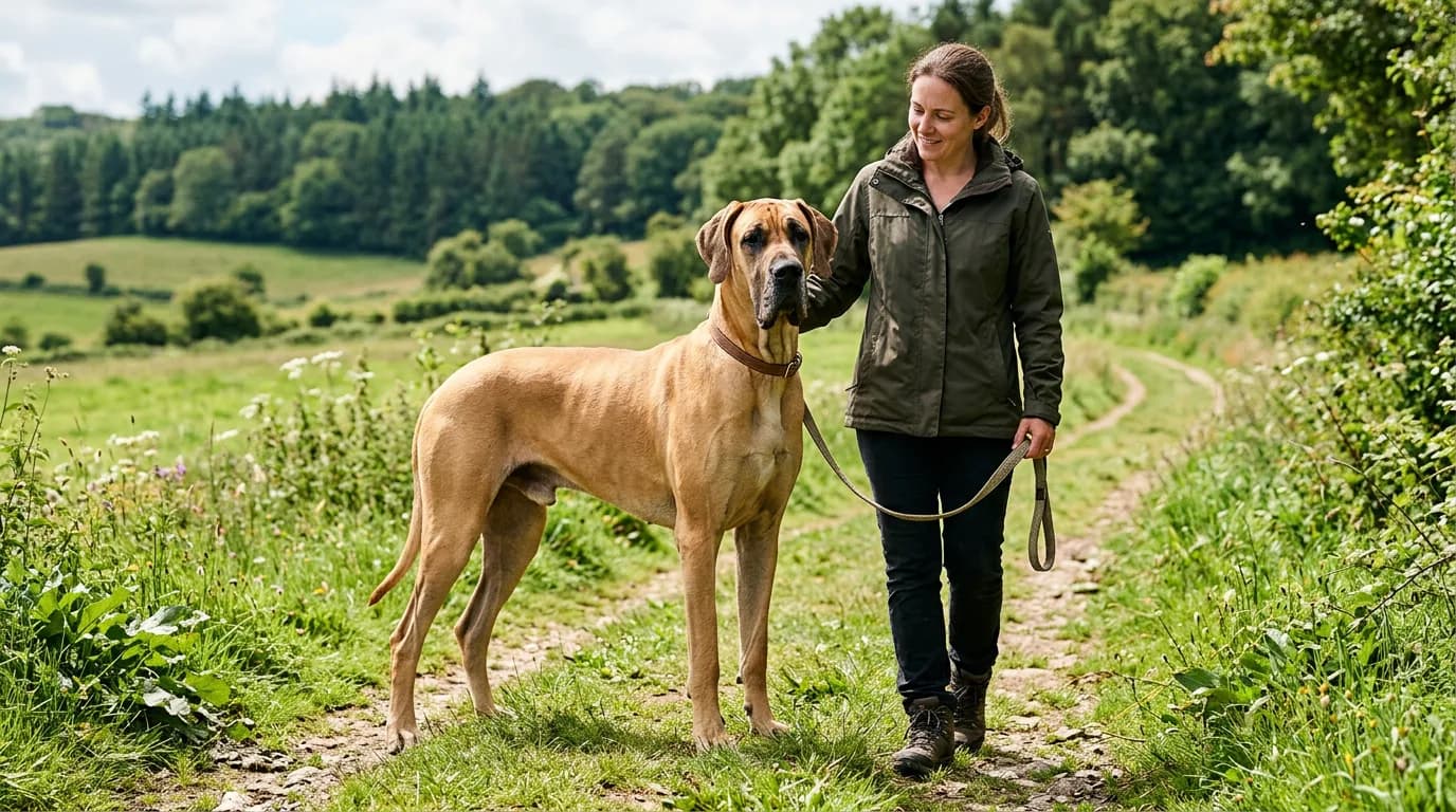A full-grown fawn Great Dane standing outdoors on a grassy path beside an adult person, its head reaching the person's hip, showing the breed's enormous scale in bright natural daylight