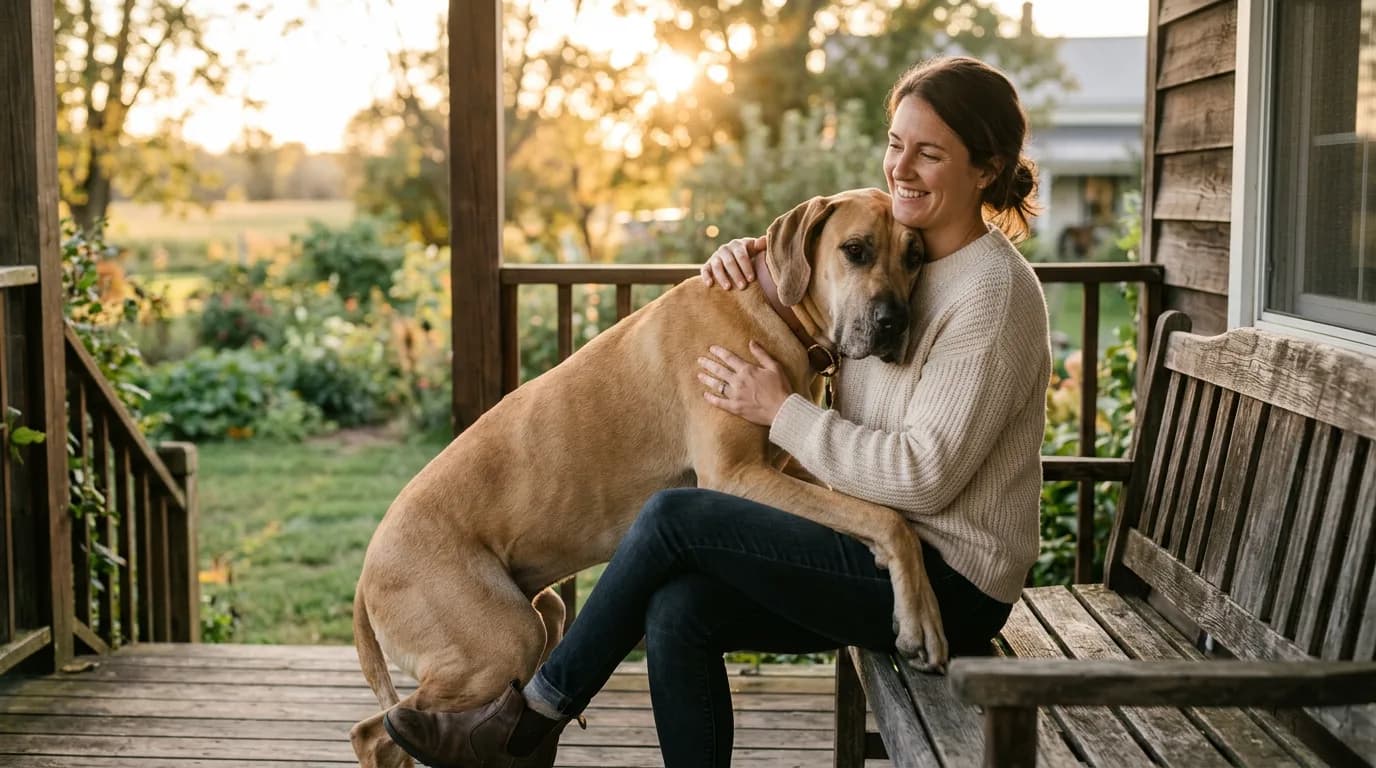 A fawn Great Dane leaning its full body weight sideways against a seated adult on a wooden porch at golden hour, the dog's head level with the person's shoulder, soft warm backlight, gentle relaxed expression