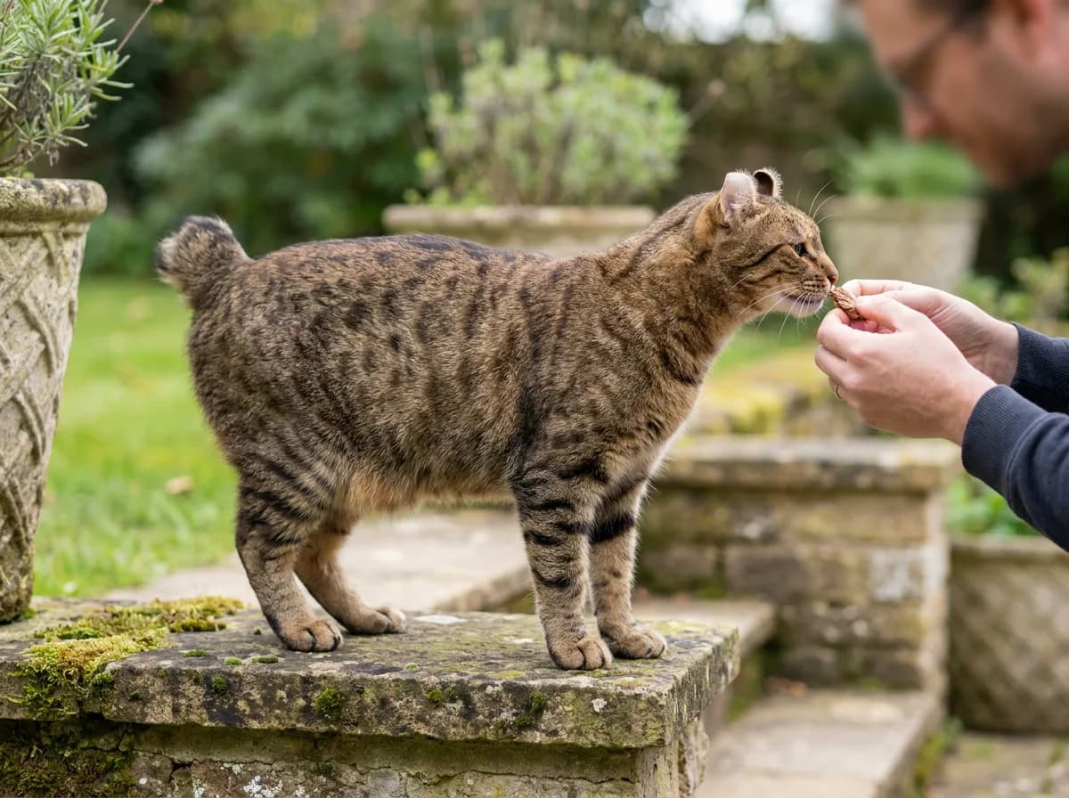 Illustrated short-tailed tabby cat with curled ears standing on a stone ledge beside a person.