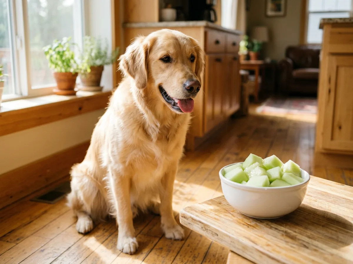 Can dogs eat honeydew - a golden retriever sniffing a bowl of fresh cubed seedless honeydew melon in natural light