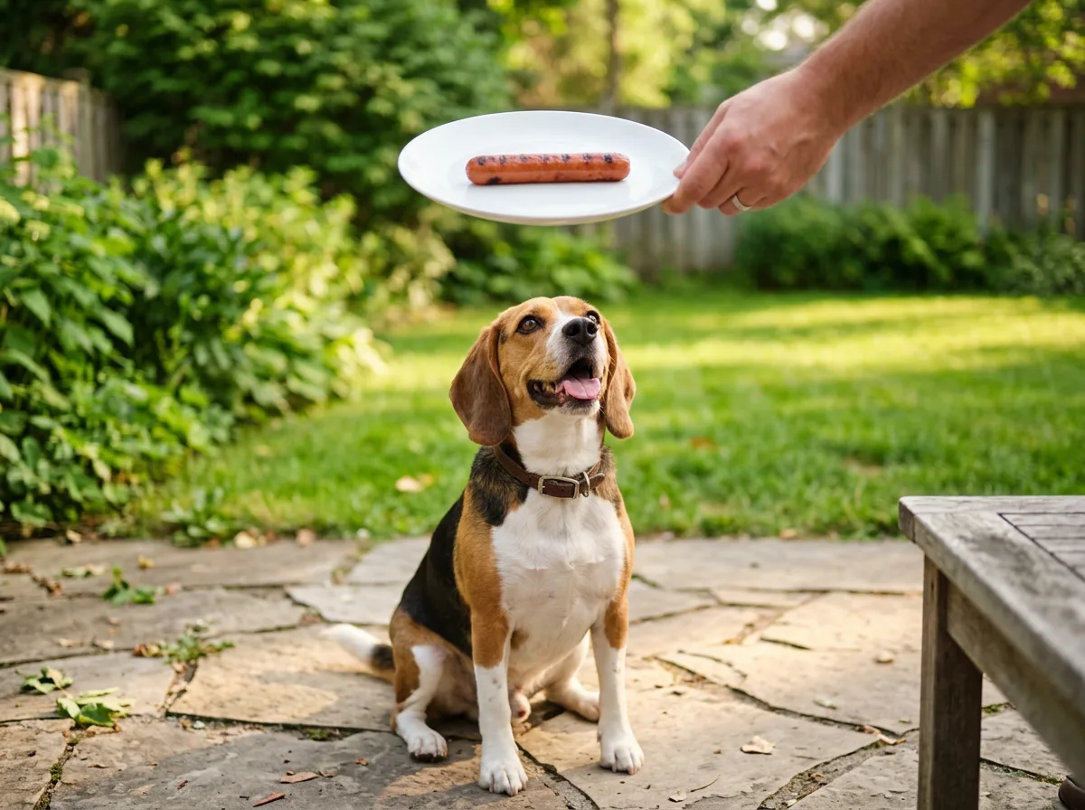 Can dogs eat hot dogs: a beagle looks up at a plain grilled hot dog on a plate in natural daylight