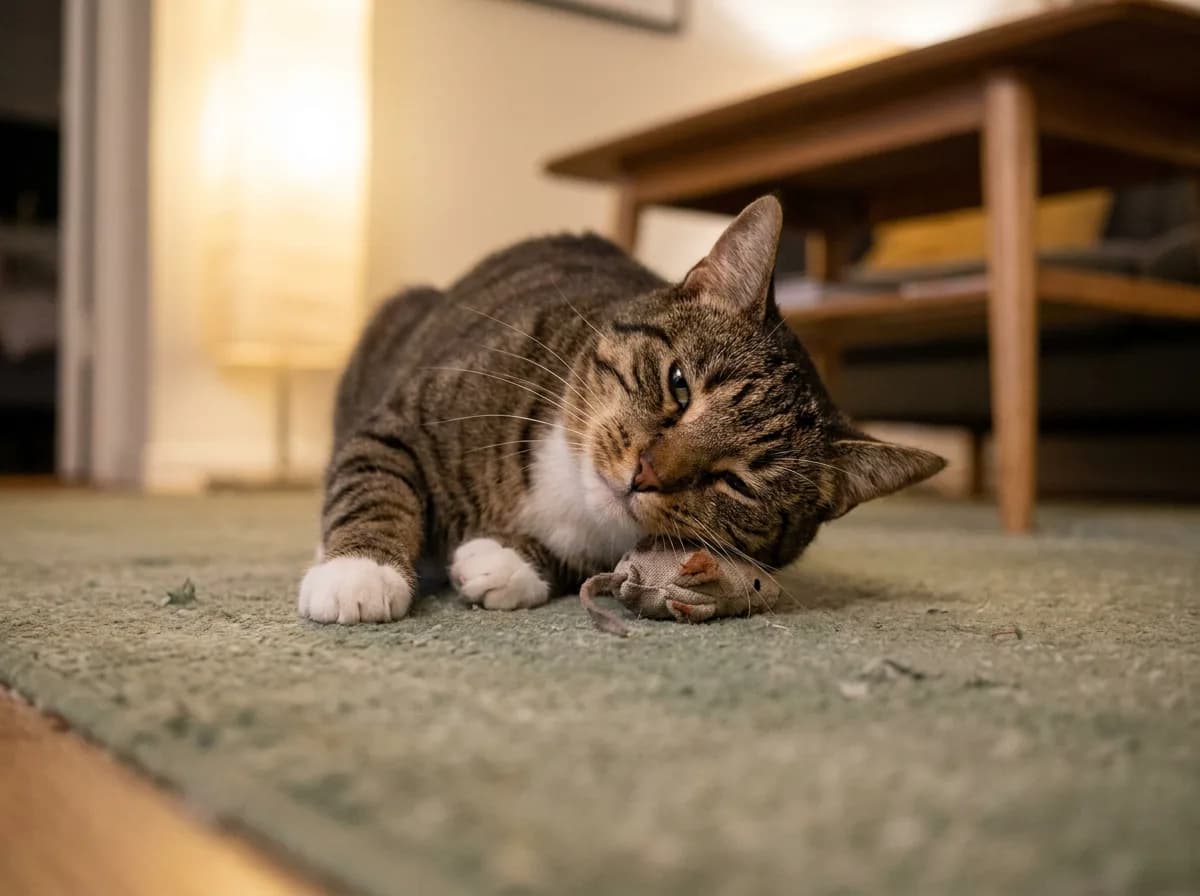 A brown tabby cat with white paws lies on a green rug and rubs its cheek against a small catnip toy mouse with half-closed eyes.