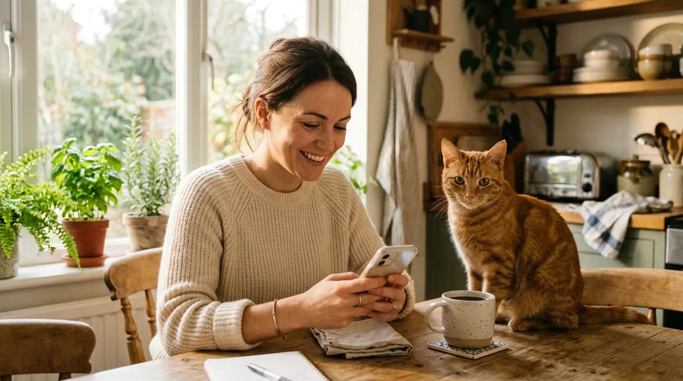 Pet owner filing a pet insurance claim on a smartphone while their orange tabby cat sits nearby
