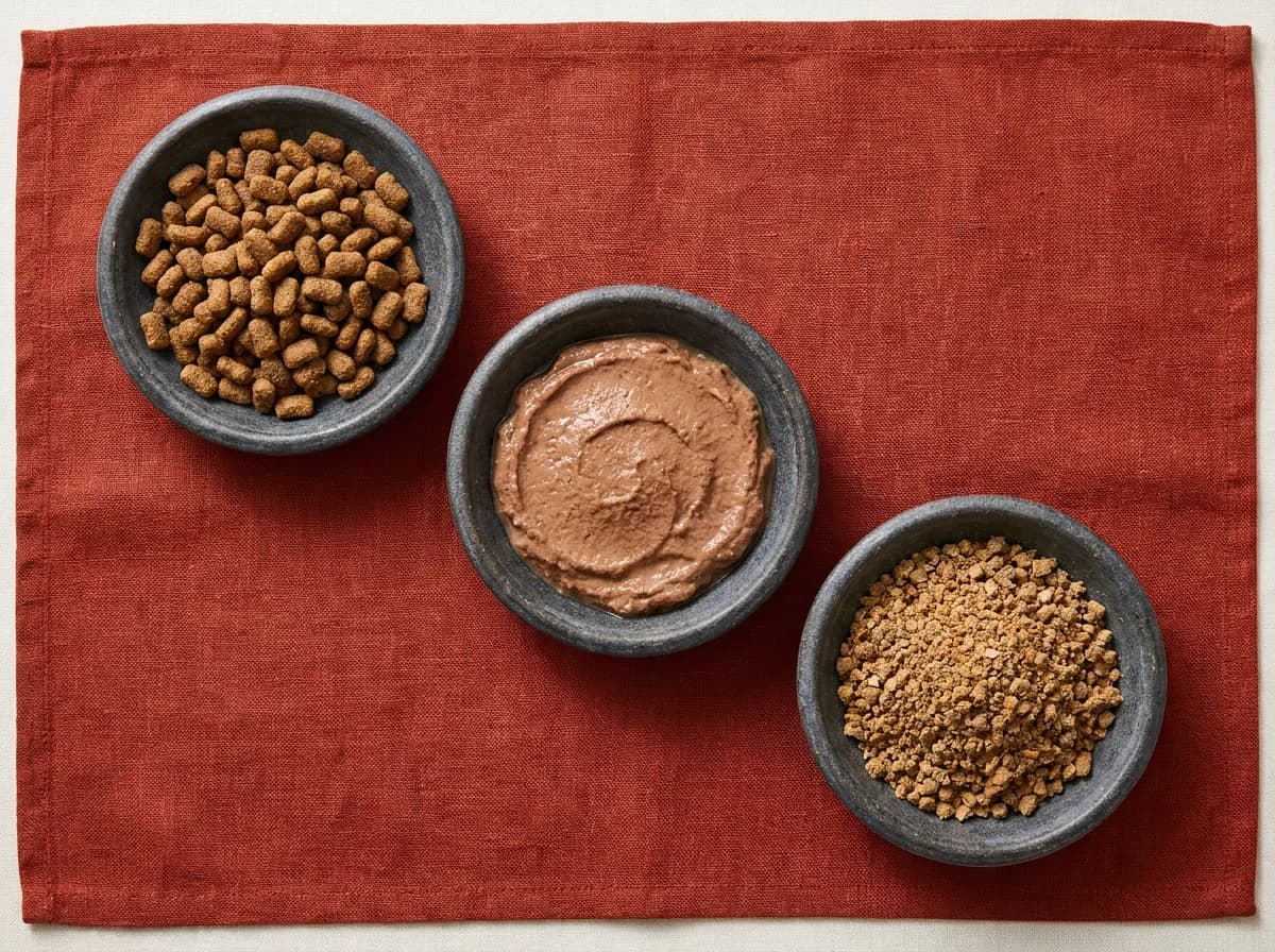 Dry kibble, smooth wet pate and crumbled dehydrated cat food in three separate dishes.