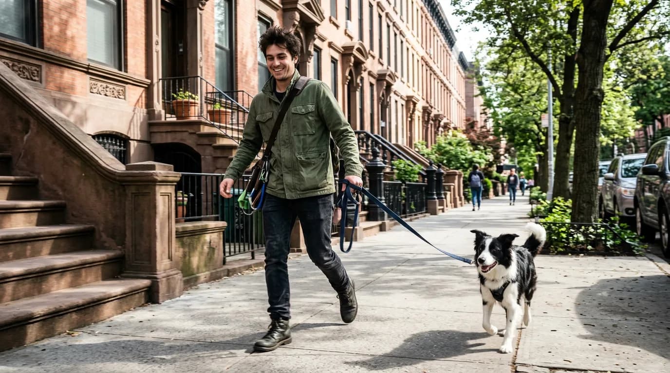 A professional dog walker in a green jacket walking a border collie on a leash along a sunlit city sidewalk