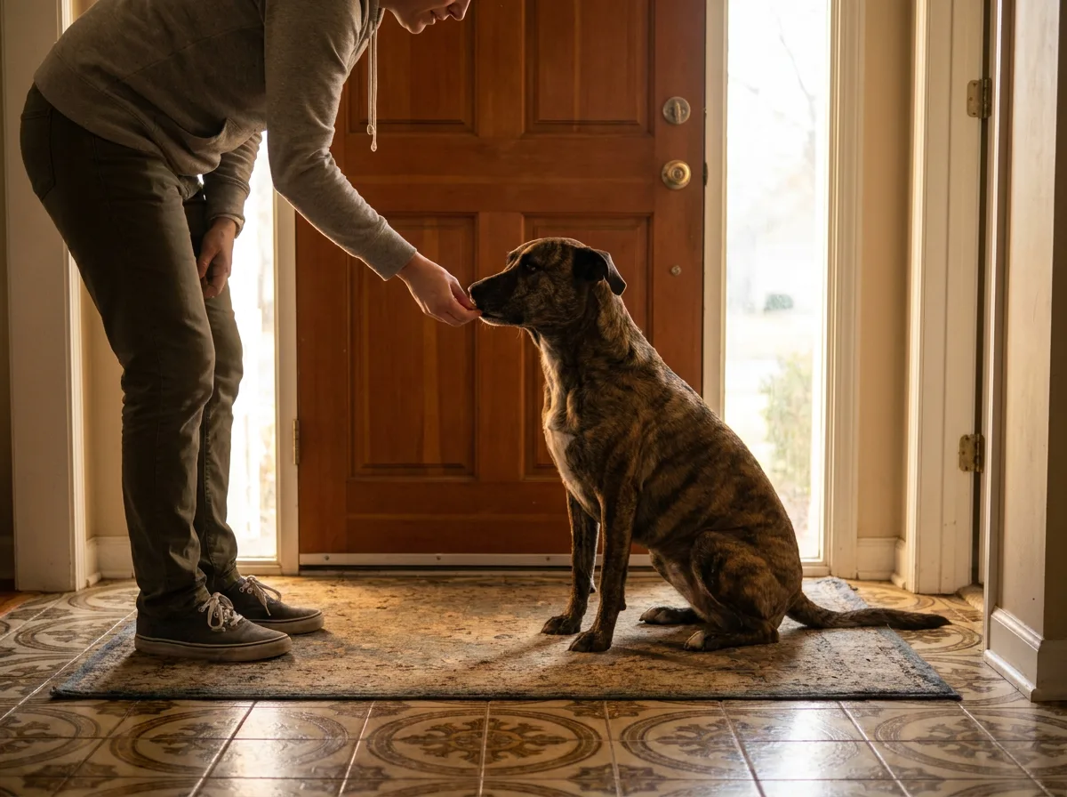 Person rewarding a brindle dog sitting beside the front door