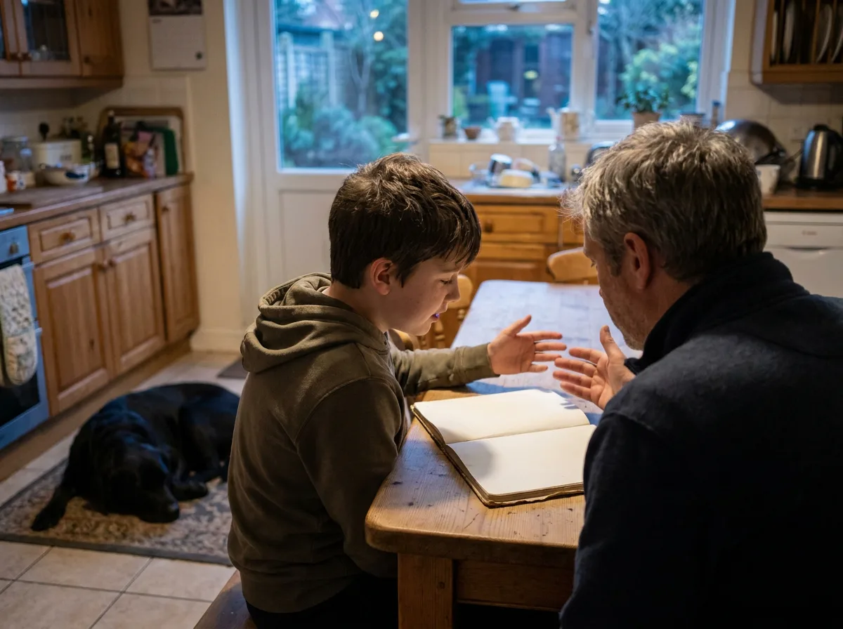 Parent and child discussing an open notebook at a table with a dog resting nearby