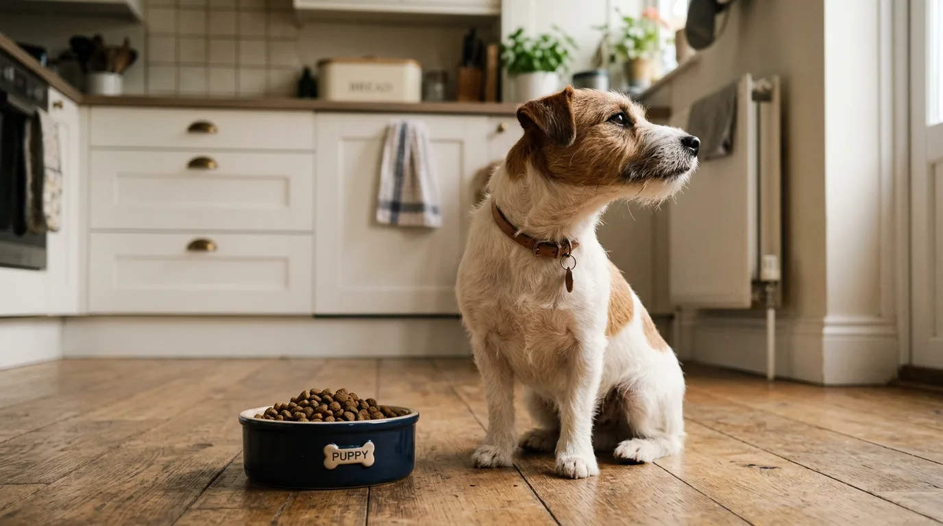 A small Jack Russell terrier turning its head away from a full food bowl in a kitchen