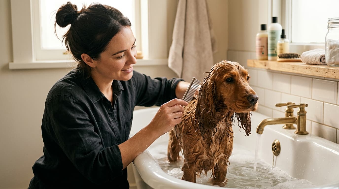 A person combing a wet cocker spaniel with a fine-toothed flea comb during a bath to remove fleas