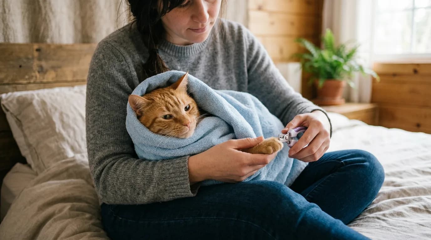An orange tabby cat wrapped in a soft blue towel with one paw extended for a nail trim, held calmly in a lap in soft morning light