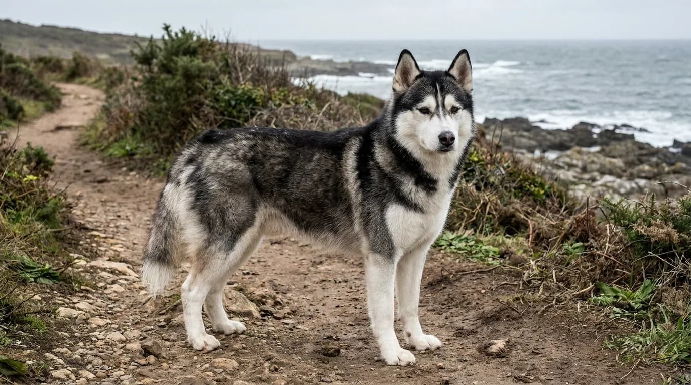 Gray-and-white Siberian Husky standing beside a coastal path